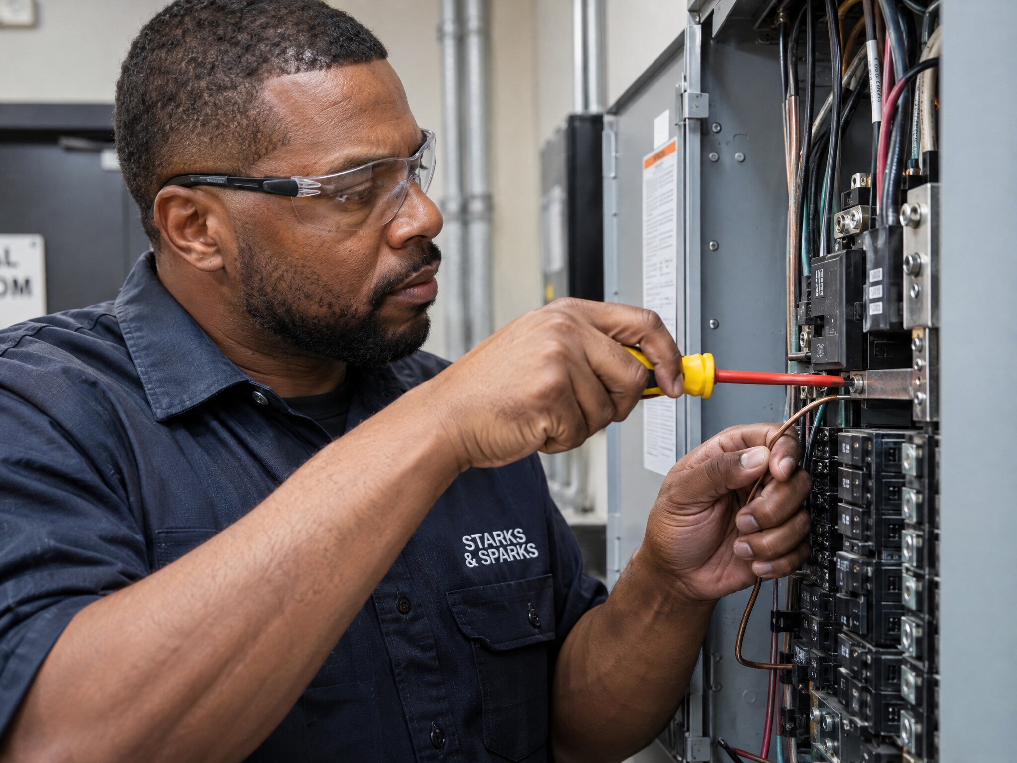 Skilled Starks and Sparks electrician working on an electrical panel